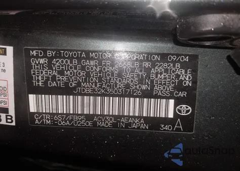 2005 Toyota Camry Le из США, поврежденный, VIN JTDBE32K350317126